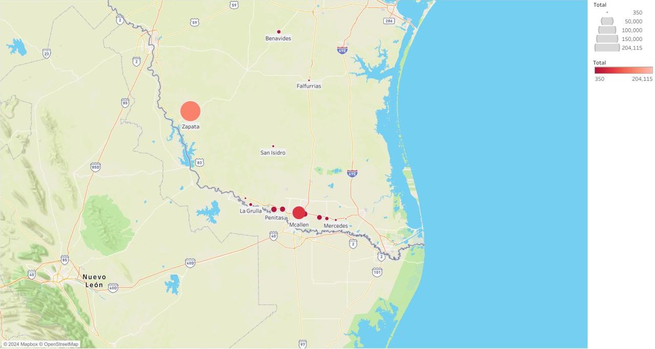Tableau map of revenue by city across South Texas, with the largest totals in Zapata and McAllen